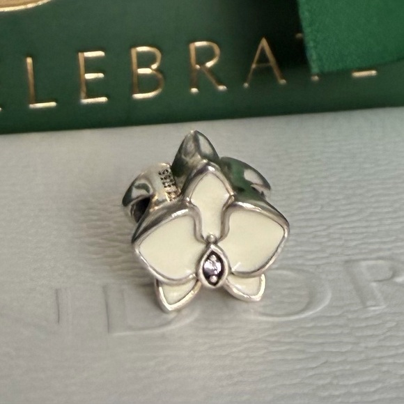 Pandora Silver And White Enamel With Fancy Lavender CZ Bloom Orchid Floral Charm